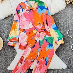 Spring Women Casual Loose Tie-dyed Trousers Suit Vintage Shirts Blouses Wide Leg